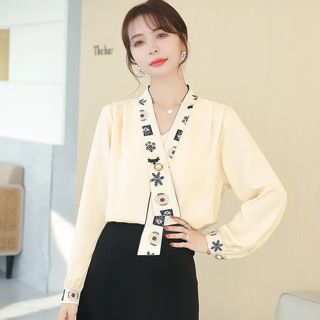 Shirt Female Design V neck Tie Top Early Spring Apricot - Shop at LoveMi