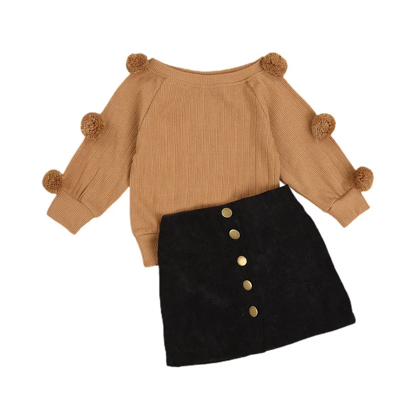 Long Sleeve Fur Ball Top And Skirt Suit Chocolate - Shop at LoveMi