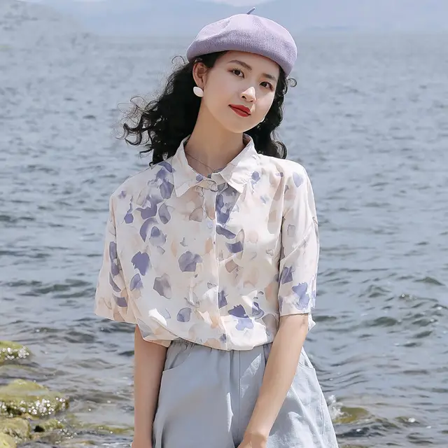 Style Chiffon Short sleeved Floral Shirt Thin Style Loose Chic Top Blue - Shop at LoveMi