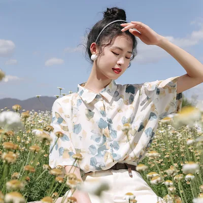 Style Chiffon Short sleeved Floral Shirt Thin Style Loose Chic Top Green - Shop at LoveMi