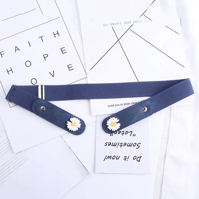 Fashion Trendy Ladies Belt Elastic Invisible Trousers Dark Blue Denim With Flowers - Shop at LoveMi
