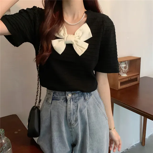Sweet Turtleneck Round Neck Pearl Accessories Short Sleeve Sweater Bowknot Top Women Black - Shop at LoveMi