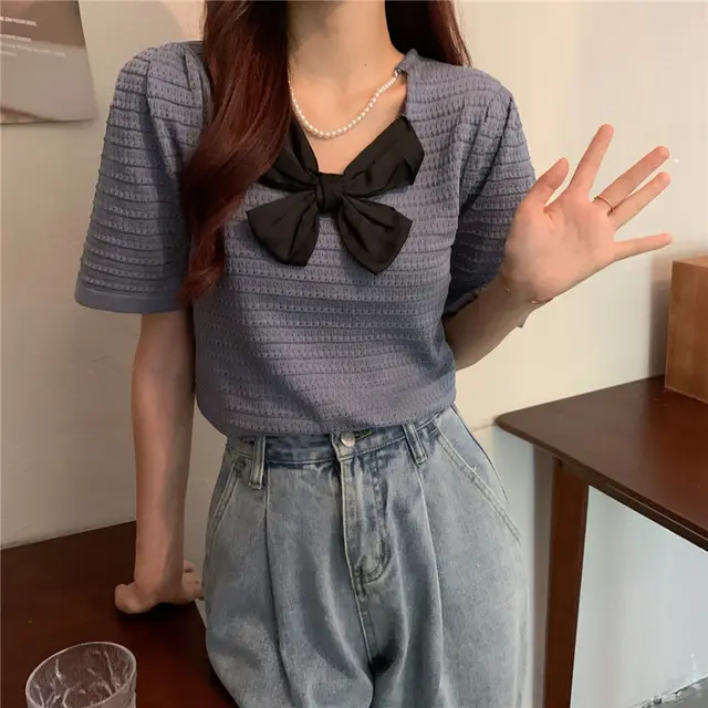 Sweet Turtleneck Round Neck Pearl Accessories Short Sleeve Sweater Bowknot Top Women Grey - Shop at LoveMi