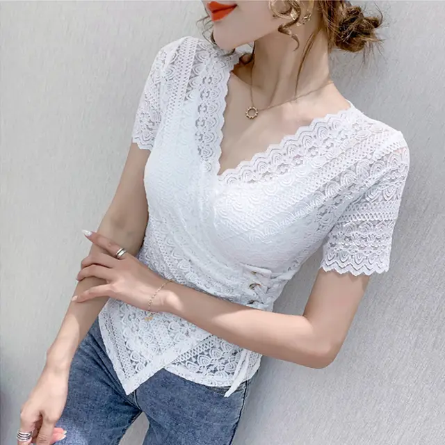 Sexy Lace V neck T shirt Women's Short sleeved Irregular Western style Blouse With Waist White - Shop at LoveMi
