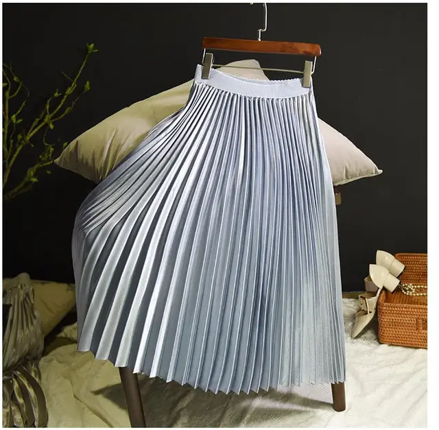 Pure Color Korean Style Pleated Skirt Skirt Mid length High waisted Skirt Light Blue - Shop at LoveMi
