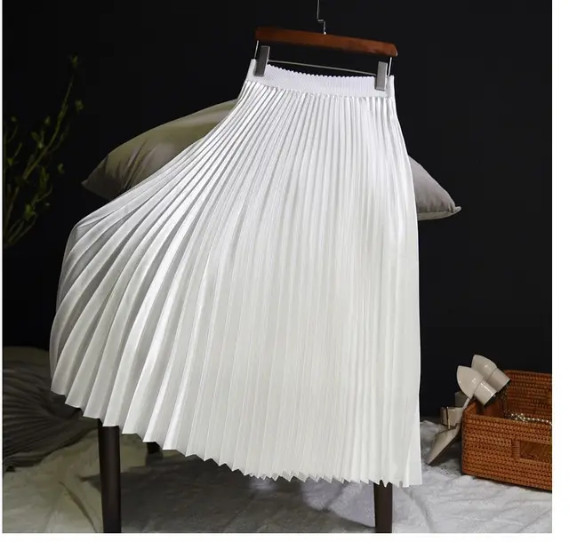 Pure Color Korean Style Pleated Skirt Skirt Mid length High waisted Skirt White - Shop at LoveMi