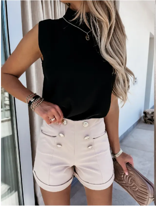 Ladies' Shirt With Sleeveless Stand up Collar And Shoulder Pads Black - Shop at LoveMi