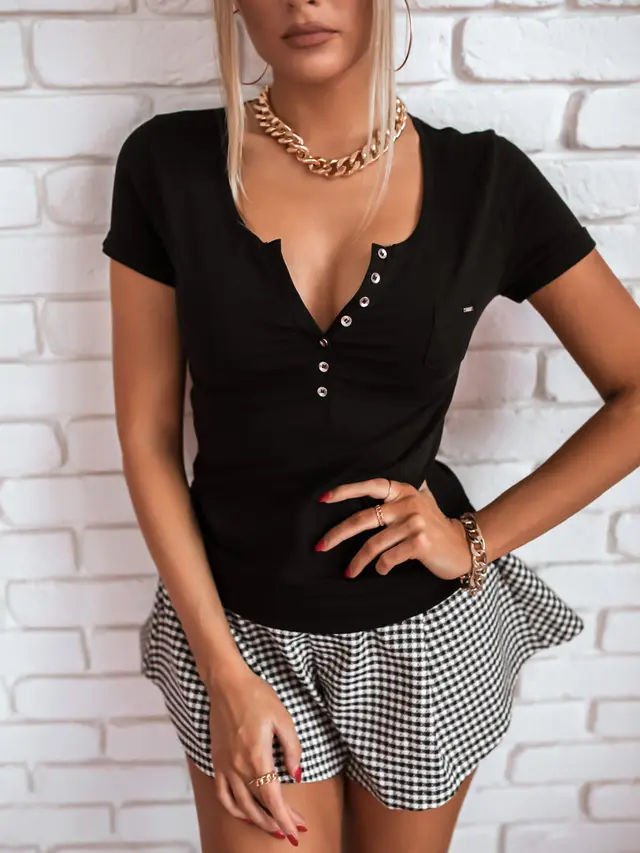 Summer Slim Short sleeved V neck Button T shirt Short sleeved Women Black - Shop at LoveMi