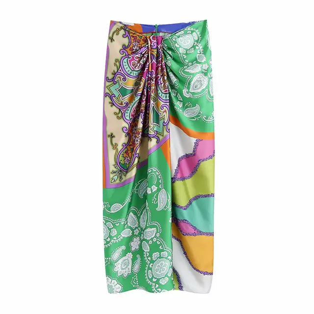 European And American Summer New Fashion Retro Style High Waist Slim Knotted Printed Pleated Skirt As Shown - Shop at LoveMi