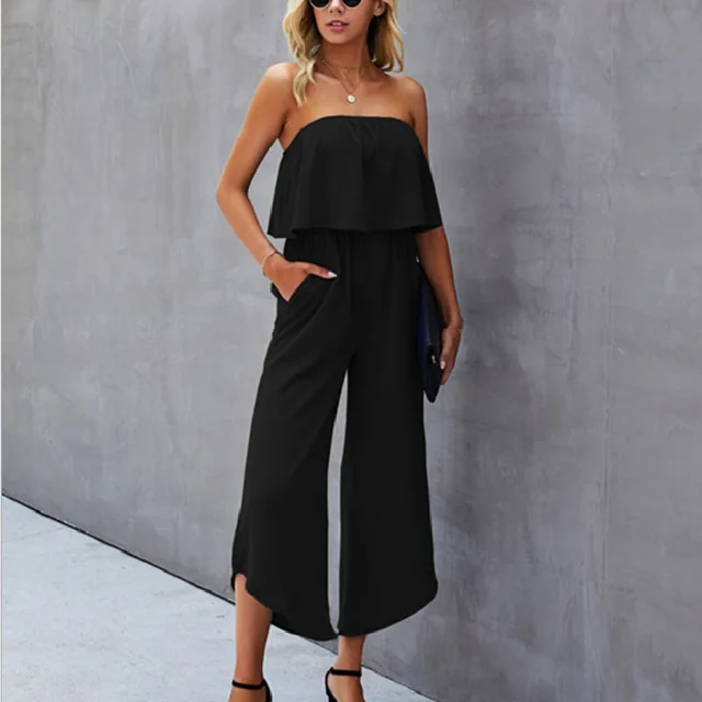 Solid Off shoulder Straight leg Pants Jumpsuit Black - Shop at LoveMi