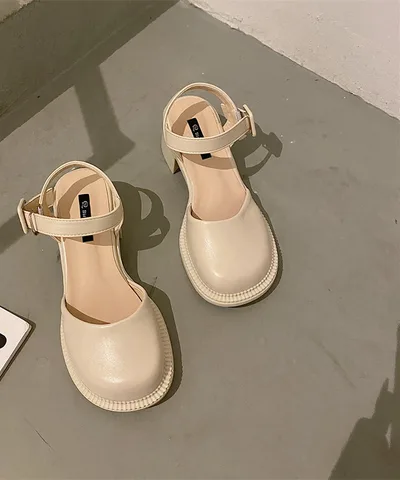 Baotou Sandals Lady Style High heeled Gentle Mary Jane Single Shoes Beige - Shop at LoveMi