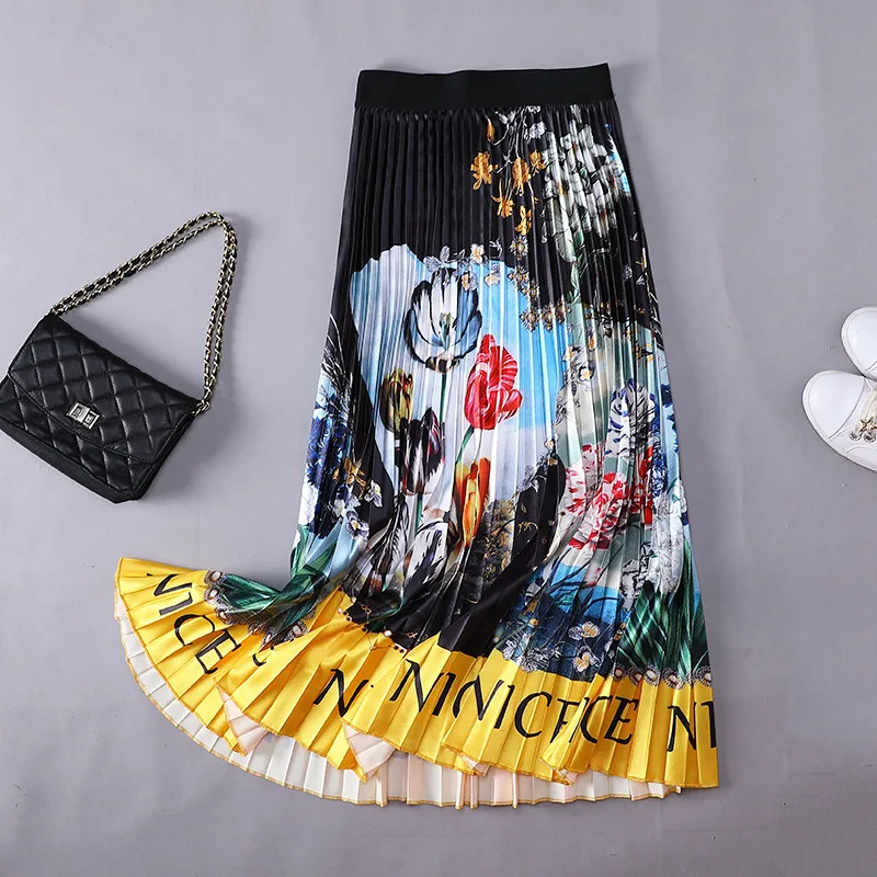 Elastic Waist Pleated Skirt Printed Mid-length Skirt Pleated Large Hem A-line Skirt - Vintagec
