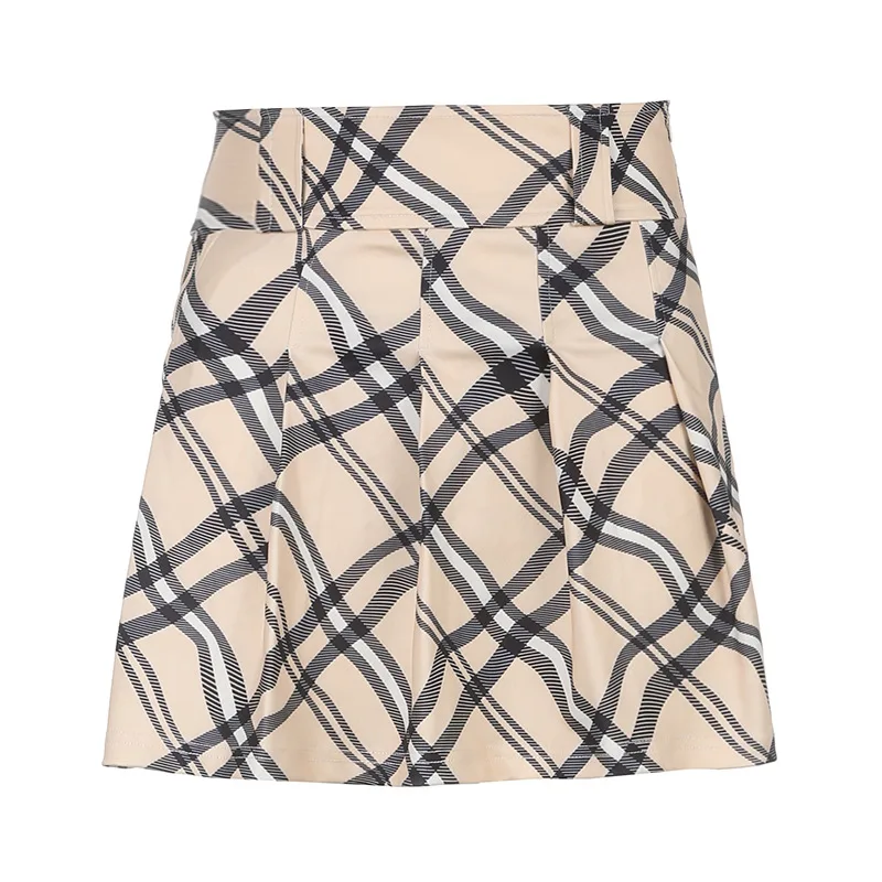 Vintage Plaid Print High waist Pleated Skirt Khaki - Shop at LoveMi