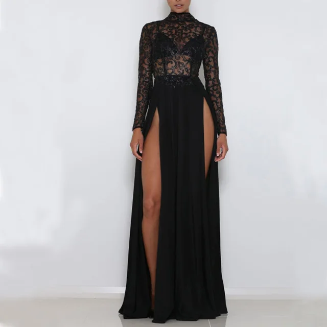 Autumn And Winter Sequin Slit See through Long Dress For Children Black - Shop at LoveMi