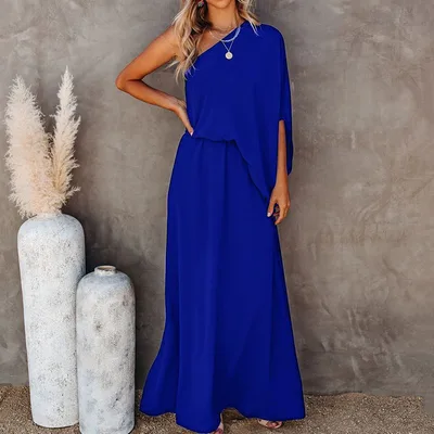 Dress Oblique Collar Off shoulder Side Slit Temperament Blue - Shop at LoveMi