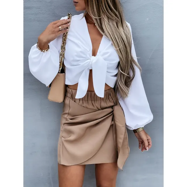 Casual Lace up Skirt INS Holiday Style Personality Short Skirt Women Khaki - Shop at LoveMi