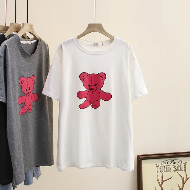 Loose Printed Bear Short Sleeve T shirt Oversized Women White - Shop at LoveMi