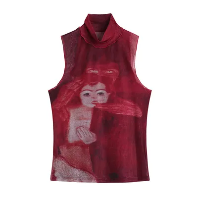 Psychedelic Smudge Contrast Stitching High neck See through Tank Top Tan - Shop at LoveMi