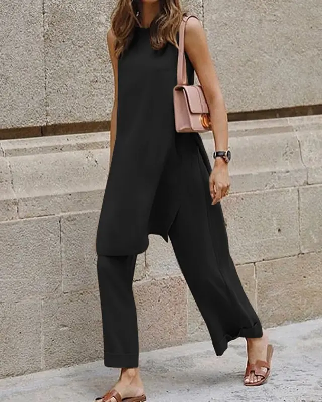 Casual Loose Blouse Wide Leg Pants Two piece Suit Women Black - Shop at LoveMi