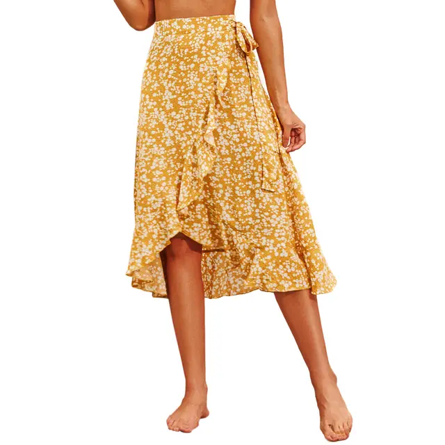 Irregular Floral Wavy Side Lace up Skirt Yellow - Shop at LoveMi