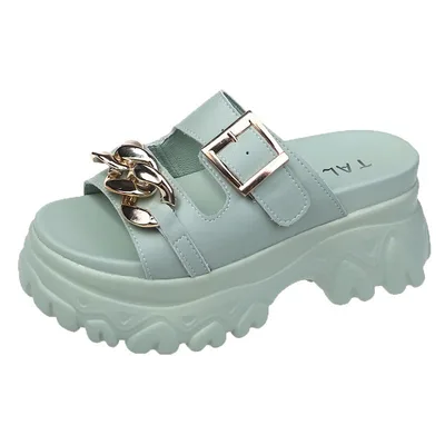 Metal Buckle Heightening Sponge Cake Sandals And Slippers Green - Shop at LoveMi