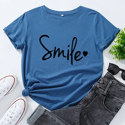 Women's Cotton Loose Round Neck Letter Printing Short sleeved T shirt Women Sapphire - Shop at LoveMi