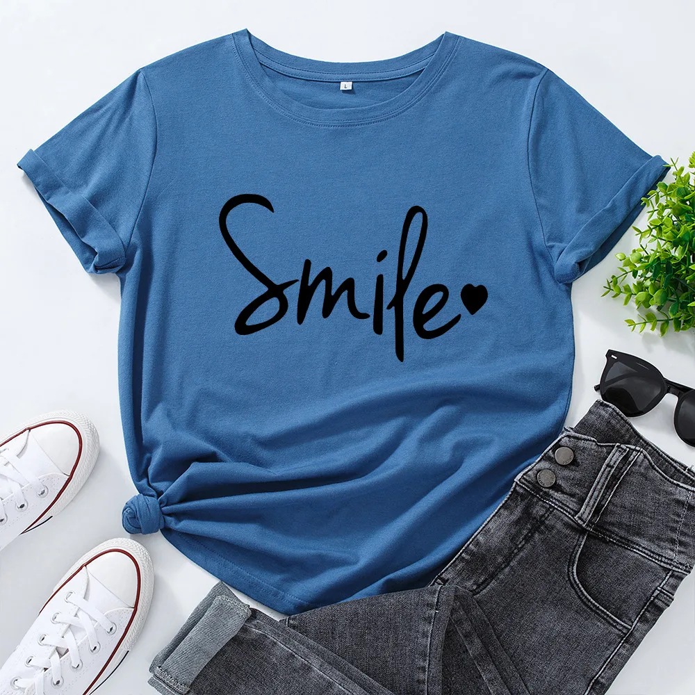 Women's Cotton Loose Round Neck Letter Printing Short sleeved T shirt Women Sapphire - Shop at LoveMi