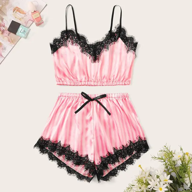 Foreign Trade Sexy Underwear Satin Striped Underwear Lace Sexy Bra Set Pink - Shop at LoveMi