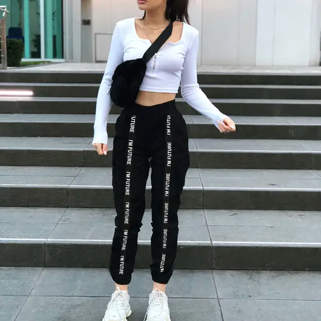 Fashion Women's Webbing Stitching Letters Casual Pants Black - Shop at LoveMi