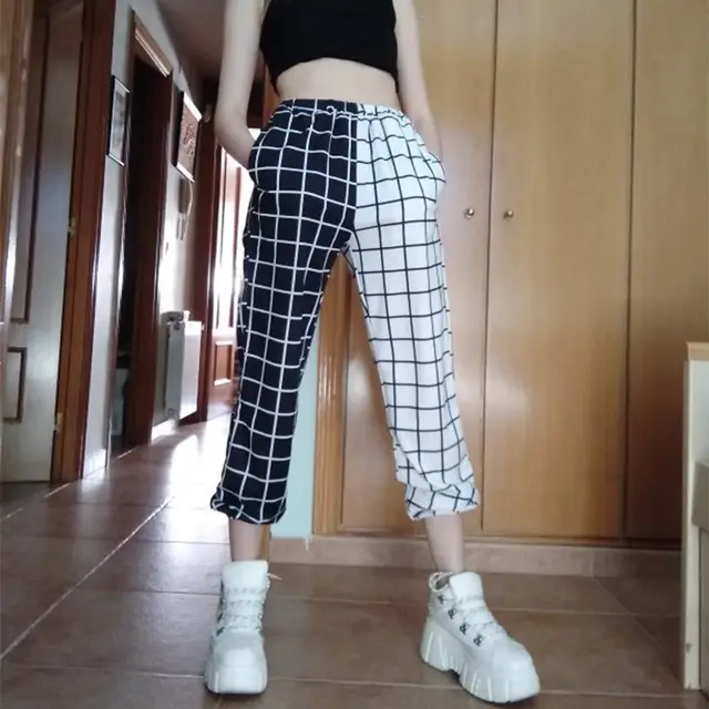 Casual High waisted Black And White Checkered Overalls Trousers Black White - Shop at LoveMi