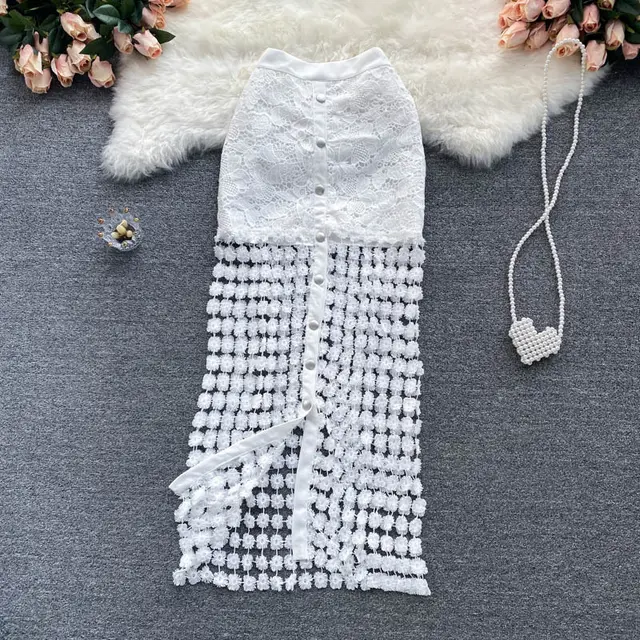 Sexy Black And White Hollow Outer Skirt Female Elegant Button Tempered Stickers Falda Party High end Women's Clothing White - Shop at LoveMi