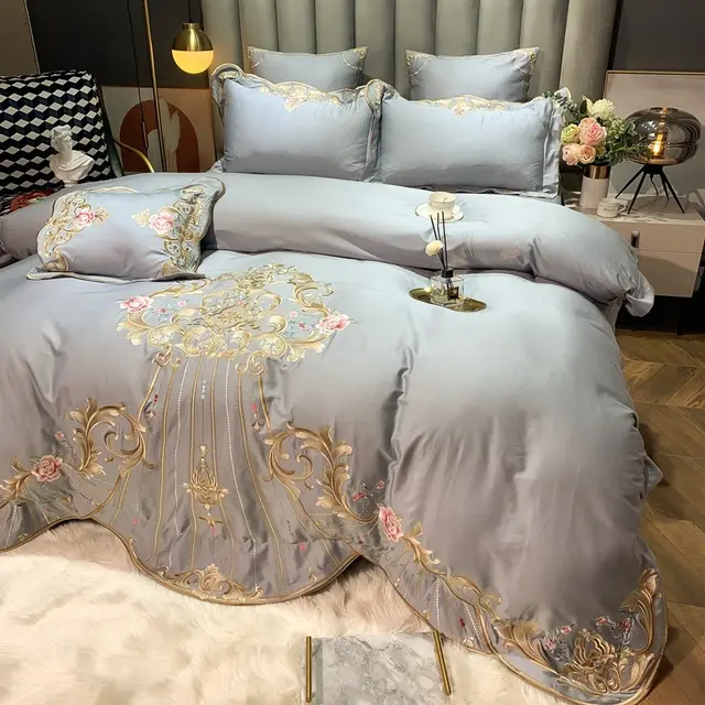Four piece Cotton Long staple Cotton Bed Linen Embroidered Cotton Grey - Shop at LoveMi