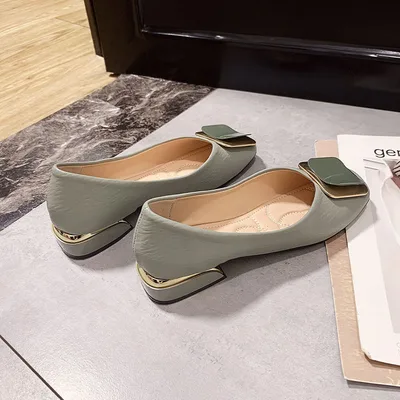Square Buckle Shallow Mouth Ladies Soft Leather Square Heel Gentle Fairy Shoes Green - Shop at LoveMi