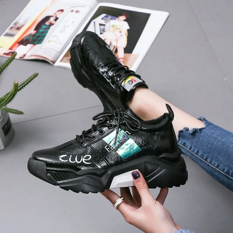Tendon Sole Women's Shoes Patent Leather Platform Single Shoes Platform Sneakers Black - Shop at LoveMi