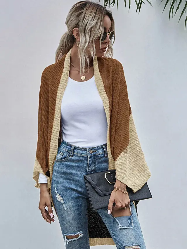 Fashion Color block Knitted Cardigan Sweater Coat Apricot - Shop at LoveMi