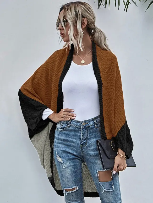 Fashion Color block Knitted Cardigan Sweater Coat Black - Shop at LoveMi