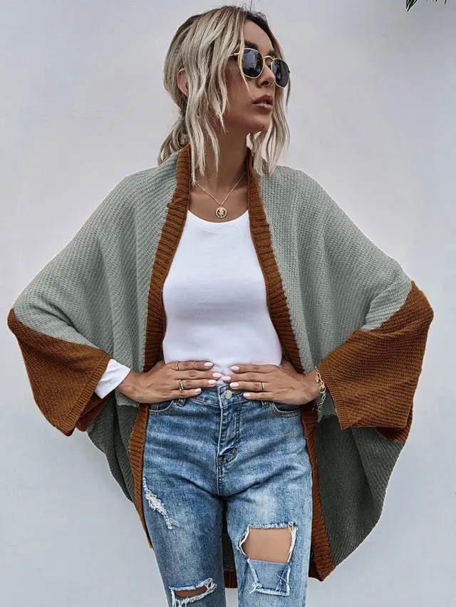 Fashion Color block Knitted Cardigan Sweater Coat Coffee - Shop at LoveMi