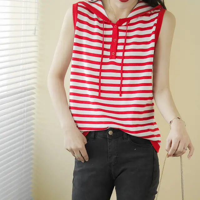 Striped Sleeveless Hooded Vest Women's Hooded Mercerized Cotton Short Sleeves Red - Shop at LoveMi