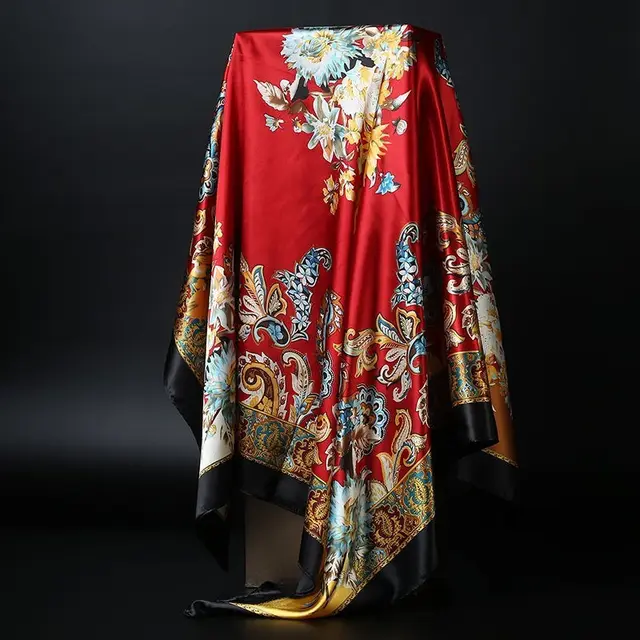 Large Square Scarf Simulation Silk Scarf Shawl All match Scarf Scarf Black Border Big Red Flower - Shop at LoveMi