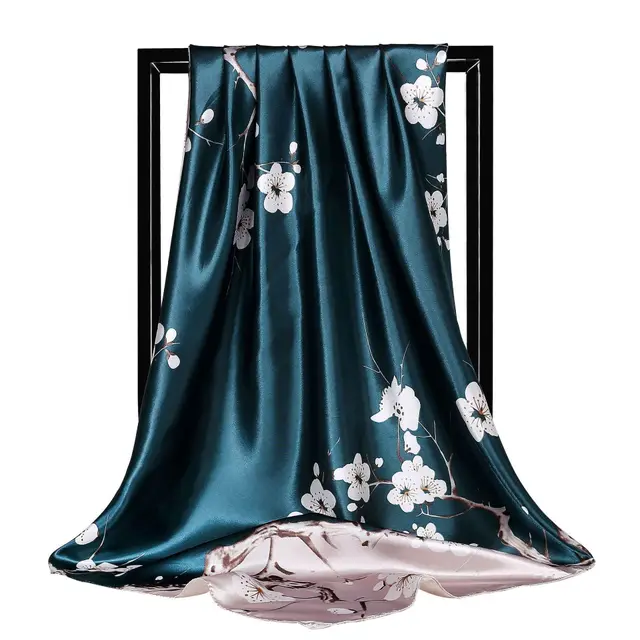 Large Square Scarf Simulation Silk Scarf Shawl All match Scarf Scarf Dark Green Plum Blossom - Shop at LoveMi