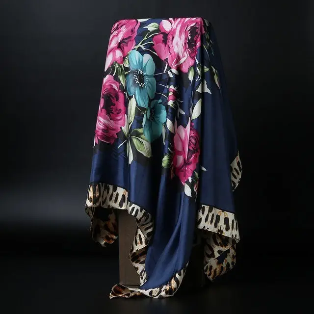 Large Square Scarf Simulation Silk Scarf Shawl All match Scarf Scarf Leopard Navy Blue Flowers - Shop at LoveMi