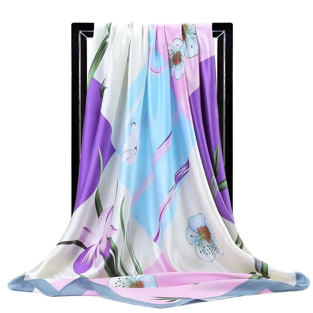 Large Square Scarf Simulation Silk Scarf Shawl All match Scarf Scarf Purple Blue Asparagus Flower - Shop at LoveMi