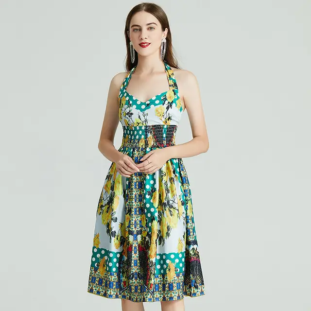 Tight waist Holiday Western style Print Dress Green - Shop at LoveMi