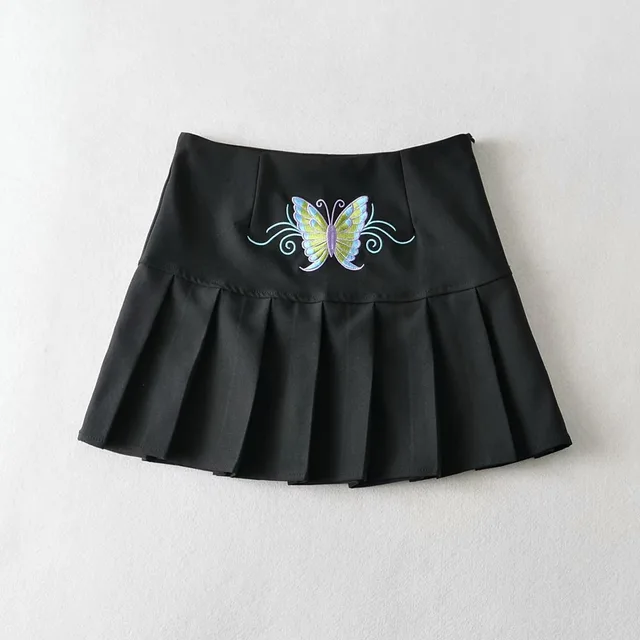 College Style Women's Embroidery Butterfly Short Pleated Skirt Skirt Skirt Black - Shop at LoveMi