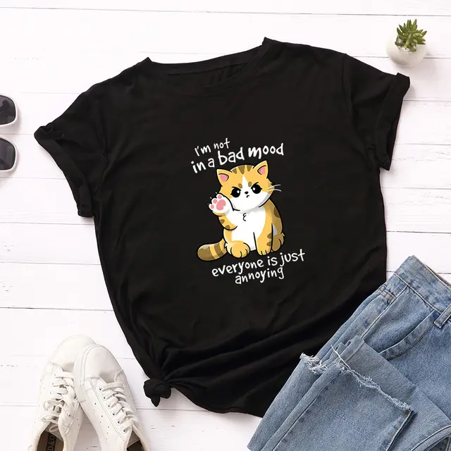 Women's Loose Round Neck Short sleeved Cotton T shirt Women's Top Black - Shop at LoveMi