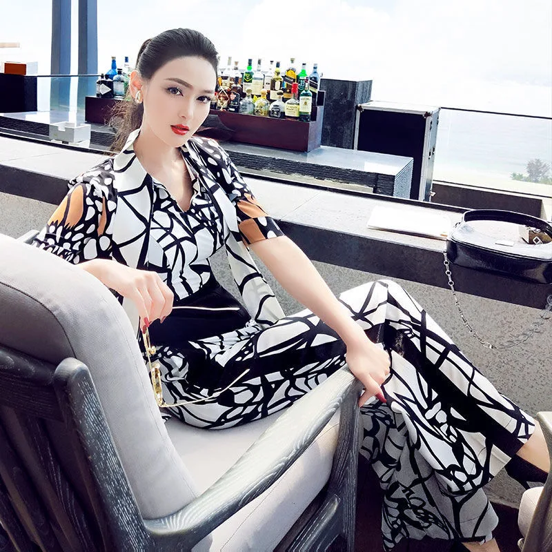 Printed One piece Temperament Fried Street Jumpsuit Short sleeved Wide leg Pants Color M - Shop at LoveMi