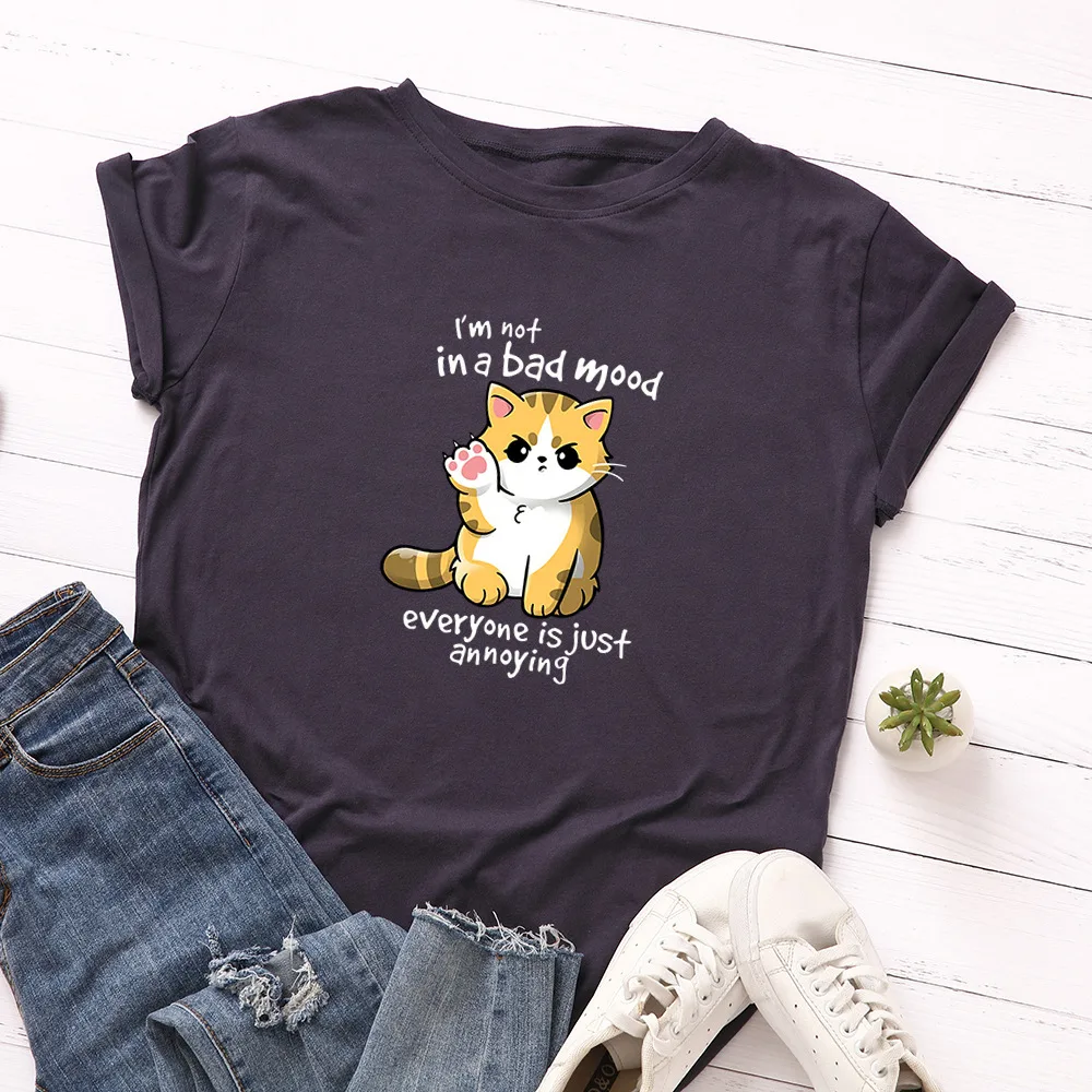 Women's Loose Round Neck Short sleeved Cotton T shirt Women's Top Navy - Shop at LoveMi