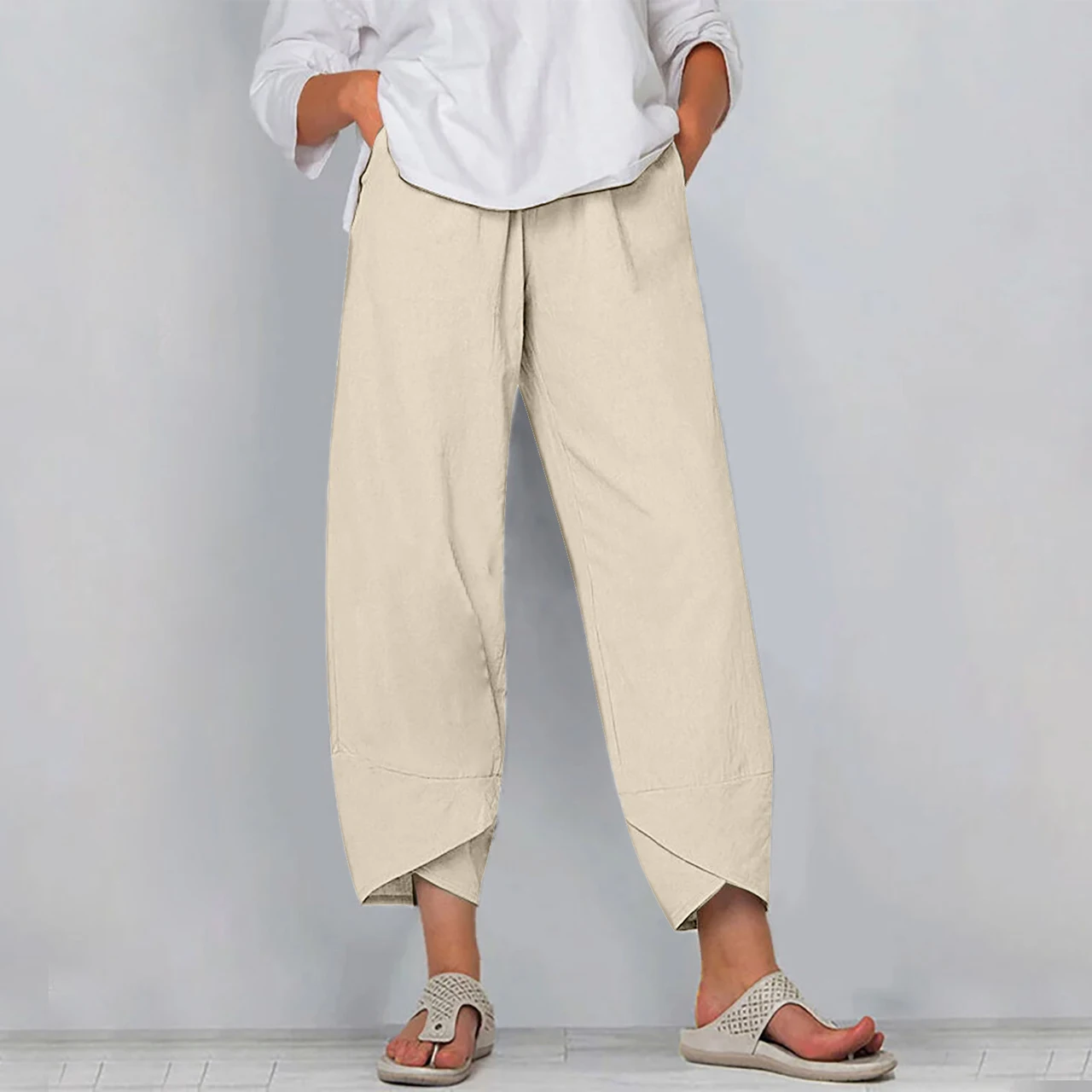 Cotton Sack Trousers With Loose Solid Color Elastic Waist And Side Pockets - Khaki
