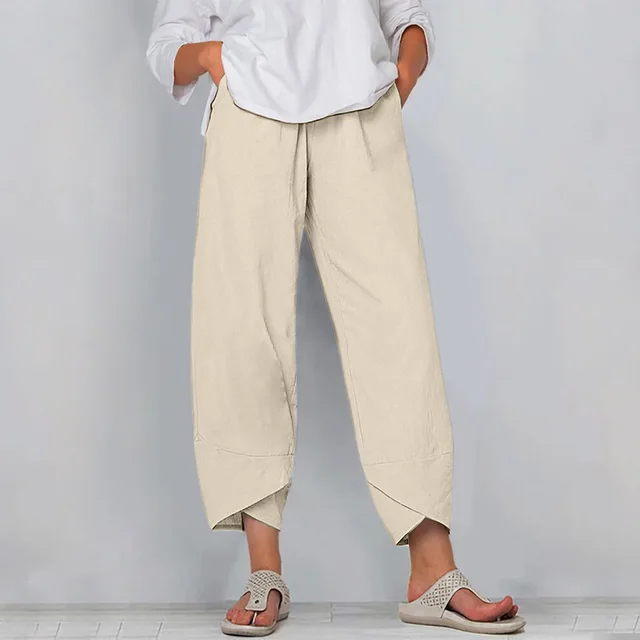 Cotton Sack Trousers With Loose Solid Color Elastic Waist And Side Pockets Khaki - Shop at LoveMi