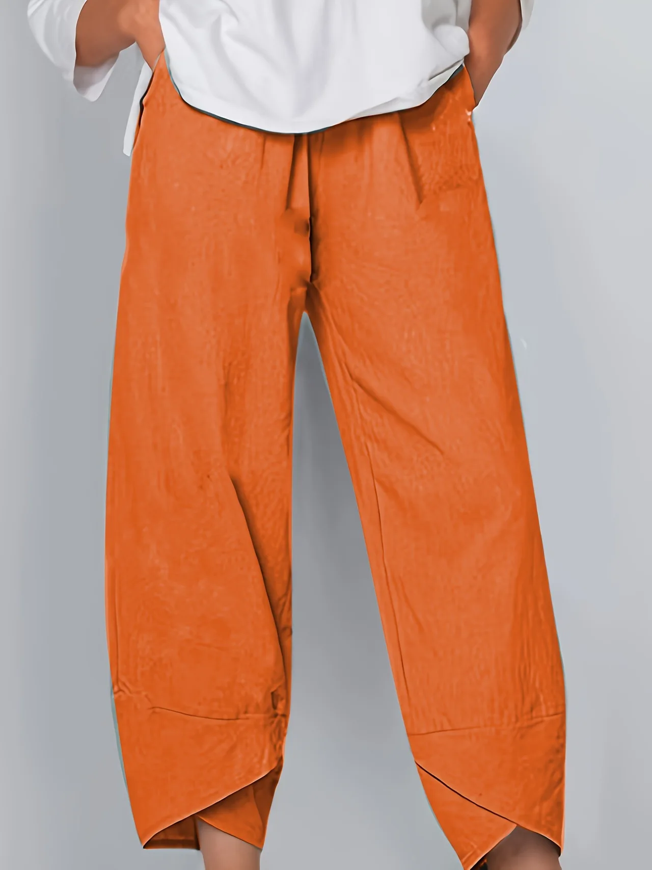 Cotton Sack Trousers With Loose Solid Color Elastic Waist And Side Pockets - Orange